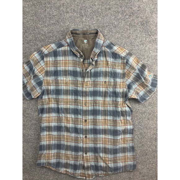 Kuhl Other - Kuhl Shirt Mens Medium Blue Plaid Linen Cotton Short Sleeve Button Front Casual